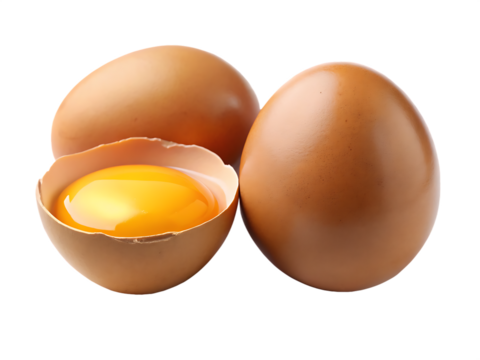 Brown eggs one cracked revealing yellow yolk isolated on a transparent background image