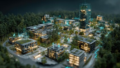 Aerial view of a modern, sustainable city nestled within a forest at night.  Illuminated buildings and connecting digital pathways