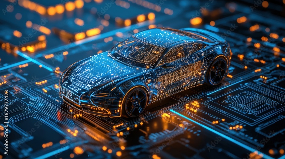 Poster futuristic digital car surrounded by glowing circuit patterns and data elements