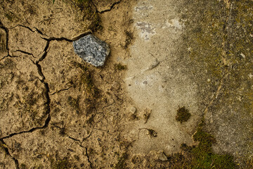 Abstract background of cracked dry earth and a grey stone. Top-down view showcasing natural...