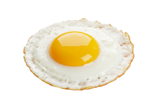 Closeup of fried egg on white isolated transparent background, simple breakfast food