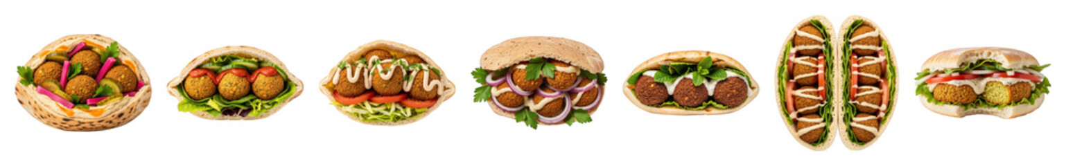 Falafel set including pita sandwiches, wraps, and one bitten, with fresh vegetables and sauces isolated. Authentic Middle Eastern street food.