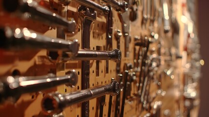 An organized collection of shiny chrome wrenches and sockets hanging on a workshop pegboard.