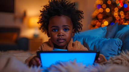 Young African American Child Engaged with Tablet Technology, Evening Ambiance, Christmas Lights, Happy Toddler Learning, Screen Glow