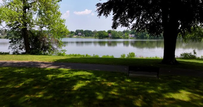 Drone Push-Through Hall Park Toward Lake Quannapowitt in Wakefield, Massachusetts