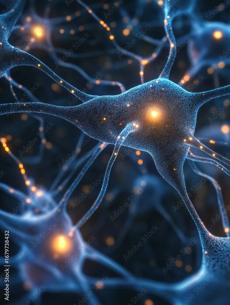 Aufkleber Intricate detail of neurons displaying glowing signals in a dark background illustrating complex brain activity and neural connections
