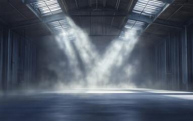 A spacious warehouse filled with soft mist and illuminated by beams of light streaming through skylights. The atmosphere evokes a sense of mystery and tranquility in the early morning hours