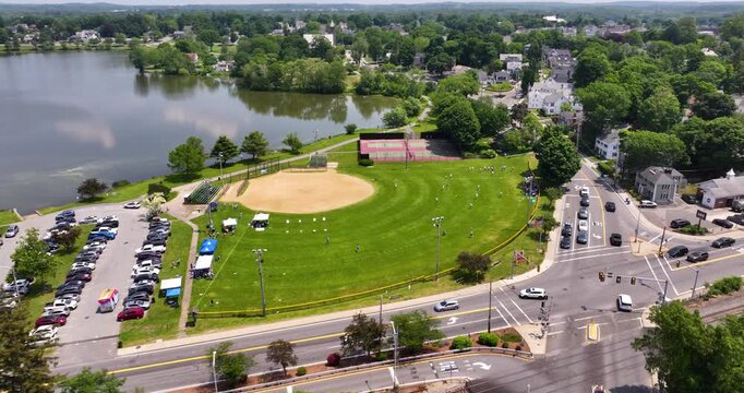 Summer Aerial View of Veterans Field and Lake Quannapowitt in Wakefield, Massachusetts
