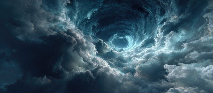 Dark, swirling clouds create a vortex in the sky