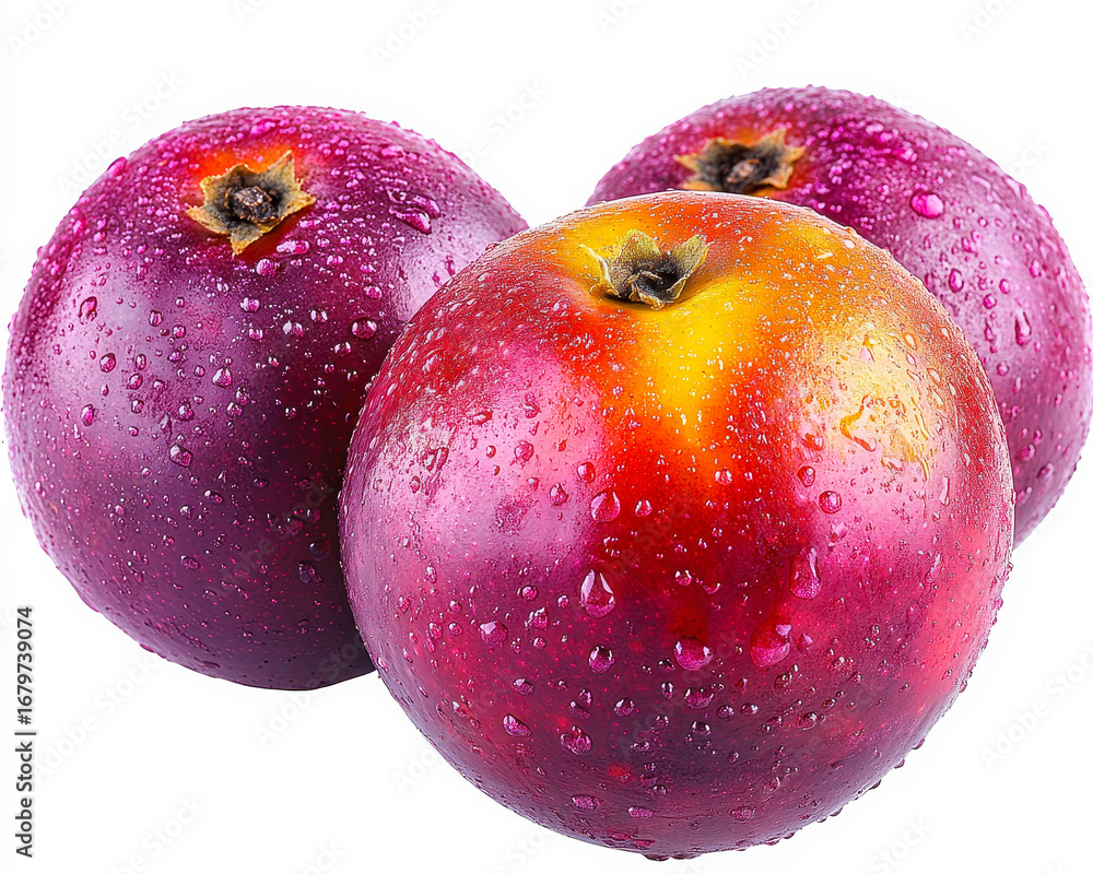 Poster hyper-realistic vibrant red plums with water droplets isolated on white background showcasing freshn