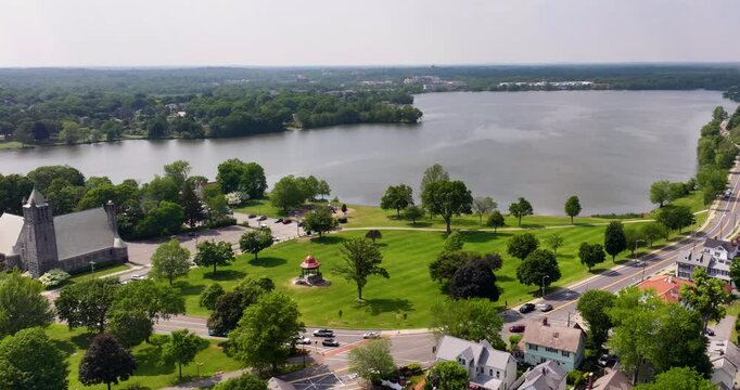 Aerial View of Downtown Wakefield and Lake Quannapowitt in Massachusetts