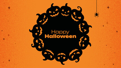 Happy Halloween text written in black on a pumpkin circle frame with grunge background. Spooky holiday celebration and party invitation.