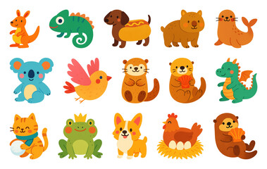 PNG Colorful cartoon animal stickers, element set on transparent background