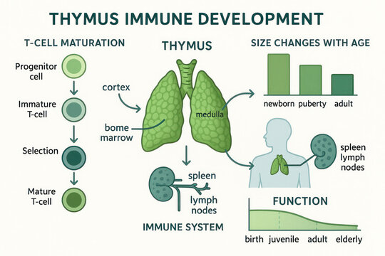 Thymus Immune Development Illustration: T-cell maturation, size changes with age, and thymus function as it relates to the immune system