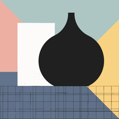 Minimalist Still Life with Black Vase and Geometric Background.