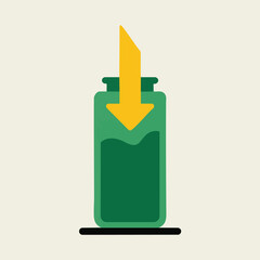 Arrow pointing down into a green bottle symbolizing a decrease or input of liquid.