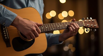 Fototapeta premium Musician playing acoustic guitar with soft bokeh background lights