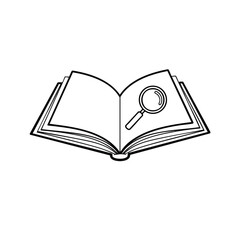 Simple line art illustration of searching for information in a book.