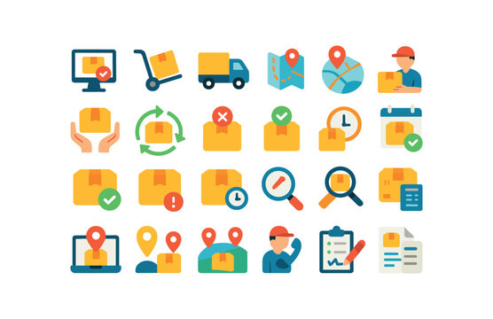 colorful flat vector icons Delivery (Process) delivery order delivery packed delivery shipped delivery transit delivery route delivery arrived delivery received delivery returned delivery.