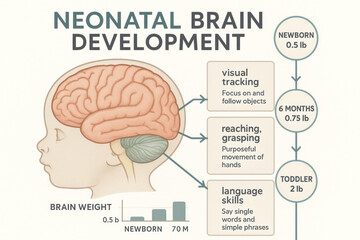 Fototapeta premium Neonatal Brain Development Stages Illustration, brain weight growth, milestones, newborn to toddler, infographic [150 characters]