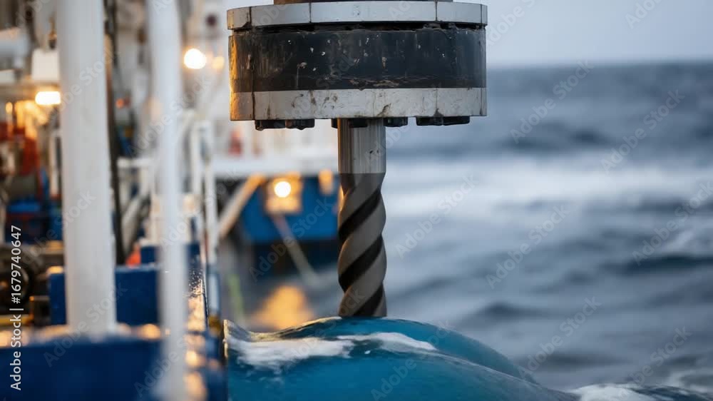 Poster dynamic offshore drilling scene showcasing a rotary table and drill string in action, with ocean wav