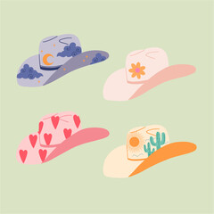 Cowboy hats with different ornaments collection. Cowgirl hat. Western and Wild West theme. Sunset, love print. Trendy retro design. Vector illustration