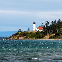 Coastal lighthouse on a breezy day