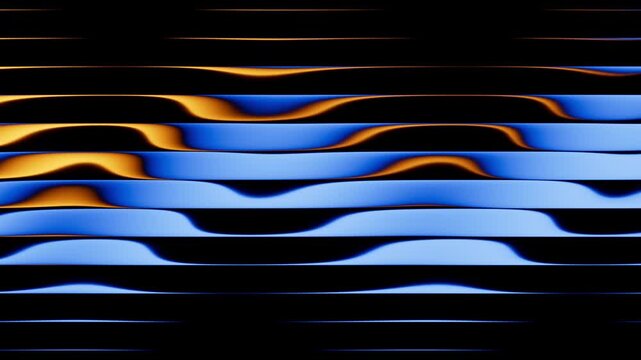 Looping 3D animation. Abstract minimalist background of blinds or sharp lines with reflection. Blue and yellow gradient transforms and changes colors inside the glossy horizontal stripes