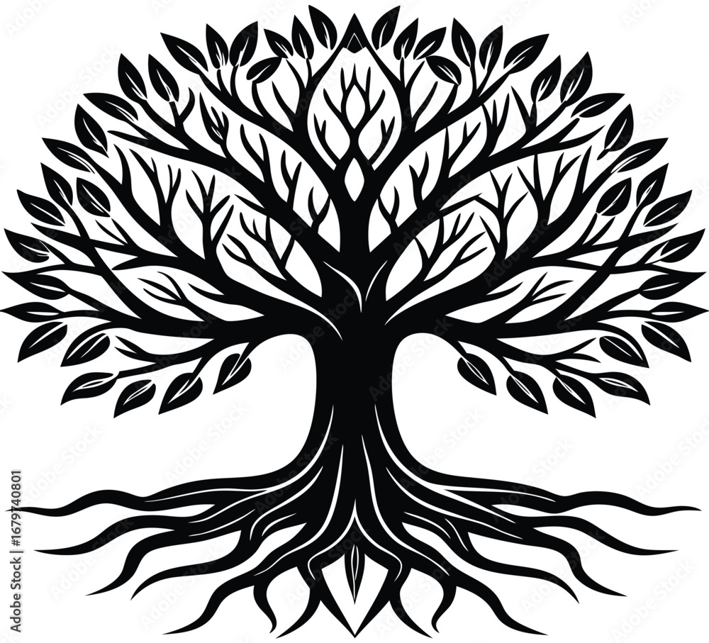 Poster a simple vector silhouette of a black and white tree and floral pattern with a butterfly and bird de