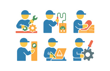 vector colorful flat filled icons technical apprenticeship (process): assembling parts testing circuit sanding wood calibrating machine drafting plan fixing gear.