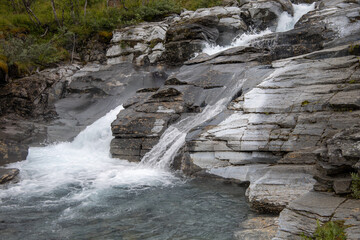 Silverfallet waterfall near the mountain village of Bjorkliden in Kiruna municipality, northern Sweden.