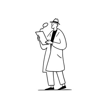 recommend clip art: Detective investigation analyzing evidence with magnifying glass and clipboard vector line art illustration