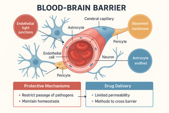 Blood-Brain Barrier Diagram: Illustration of protective mechanisms and drug delivery challenges, crucial for neuroscience. [Illustration]