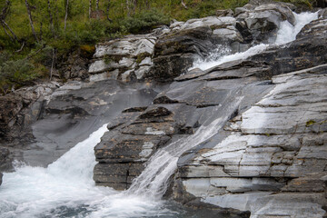 Silverfallet waterfall near the mountain village of Bjorkliden in Kiruna municipality, northern Sweden.
