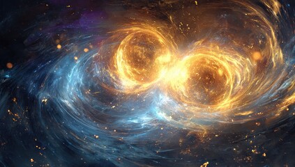 Two fiery celestial bodies swirling in a cosmic nebula