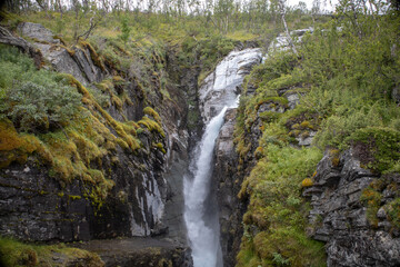 Silverfallet waterfall near the mountain village of Bjorkliden in Kiruna municipality, northern Sweden.