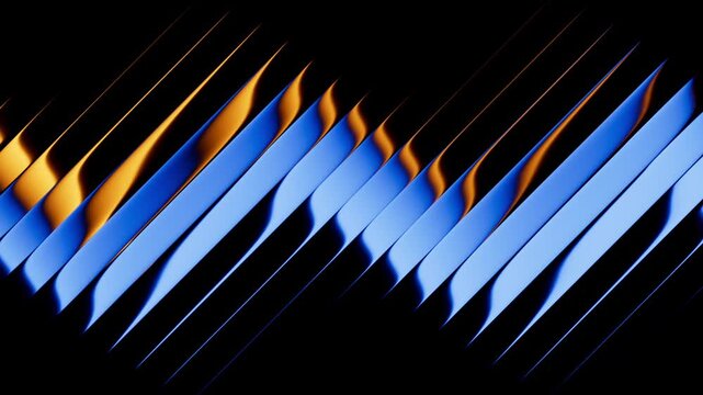 Cyclic 3D animation. Abstract minimalist background divided into diagonal black glossy stripes with reflection. Transforming blue and yellow gradient, changing colors. - Powered by Adobe