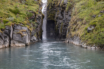 Silverfallet waterfall near the mountain village of Bjorkliden in Kiruna municipality, northern Sweden.