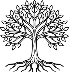Obraz premium Vintage vector silhouette of an abstract black tree with roots, surrounded by a swirling floral leaf pattern for a seamless nature design