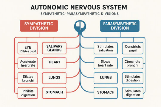 Autonomic Nervous System Diagram: Sympathetic vs. Parasympathetic Divisions. Illustration.