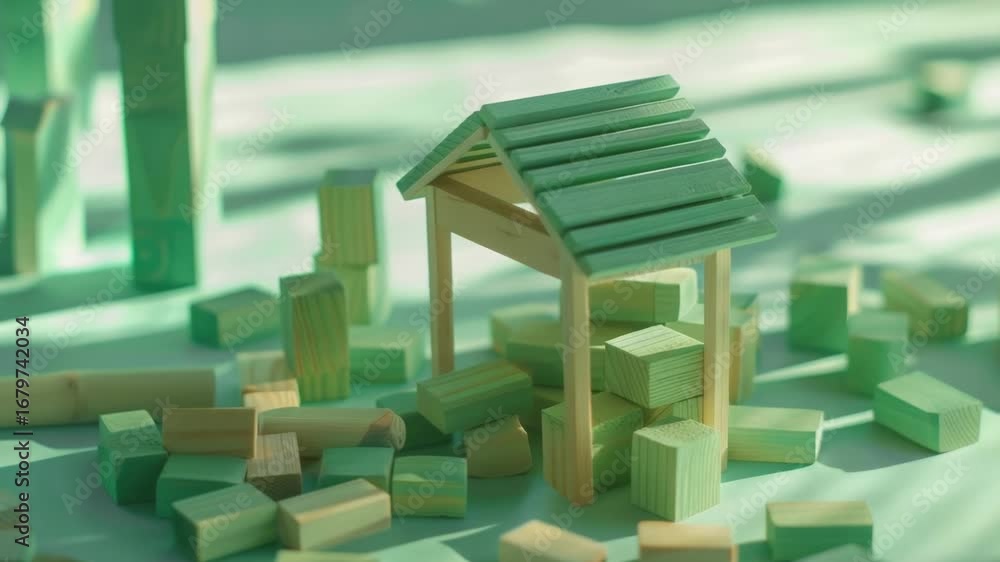 Aufkleber stacked wooden blocks with a small house on top, ideal for architecture or building concepts