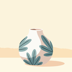 Illustrated White Ceramic Vase with Leaf Pattern.