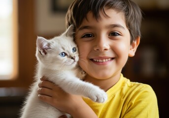 A happy boy smiles while holding a precious white kitten.