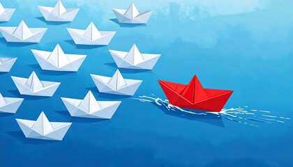 A red paper boat leading a group of white paper boats on a blue water background