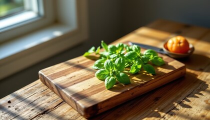 Emerald basil foliage, dew kissed and fragrant, sprawls across a warm wooden surface, a weathered chopping block tilted dramatically