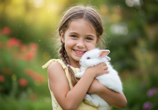 A joyful girl is smiling while hugging a cute, fluffy white rabbit in a garden.