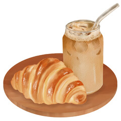 Watercolor Painting of Iced Coffee and Croissant