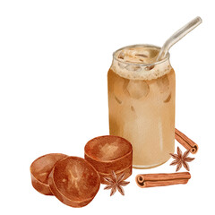 Watercolor Illustration of Iced Coffee Drink