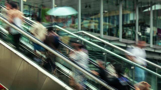 Large crowd of people moves upwards on an escalator in a modern commercial or transportation hub. The long exposure shot creates a dynamic motion blur effect, depicting the fast pace and constant