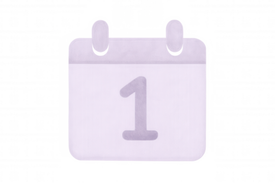Calendar icon displaying numeral one, marking month's initial date, set against transparent backdrop